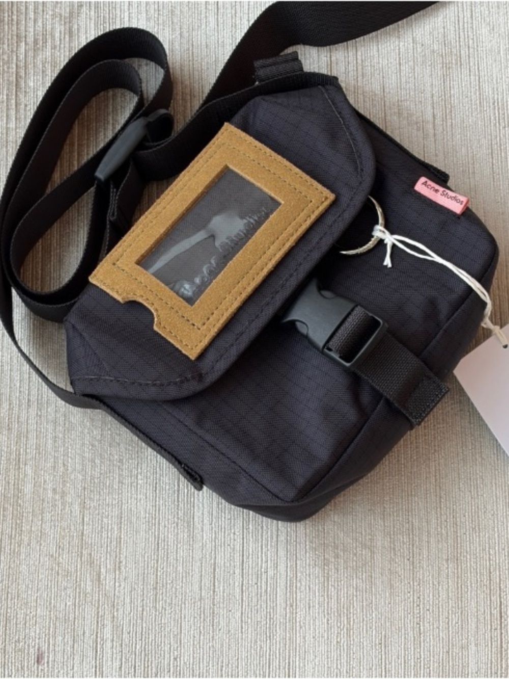 Acne Black Belt Bag with Tan ID Patch